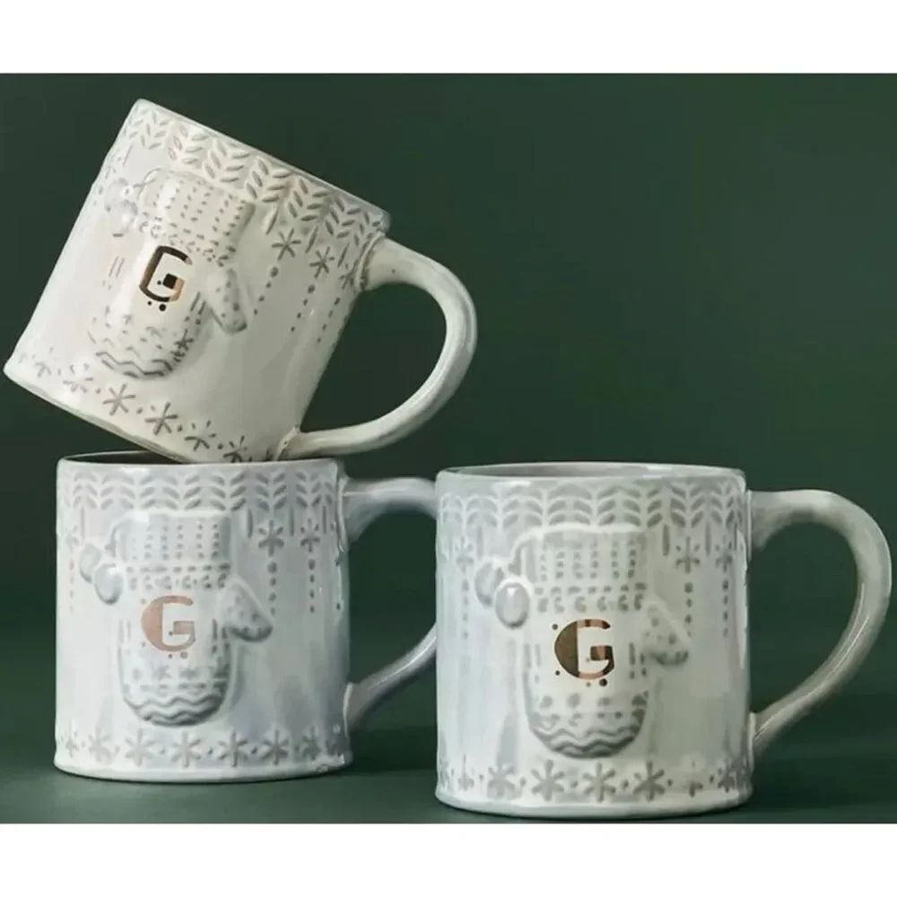 NEW 1 Anthropologie Letter G Mittens Coffee Mug Cup Christmas Monogram Gold Gray
